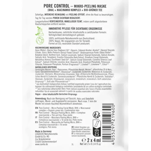 Masken Pore Control Mikro-Peeling Maske mit BHA, Niacinamid Komplex & Bio-Grüner Tee von Sante Naturkosmetik