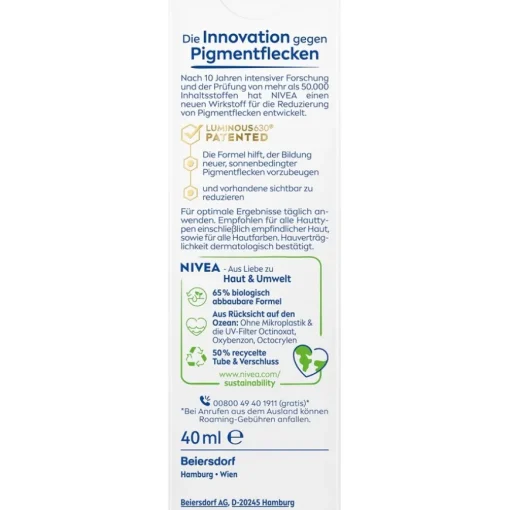 Sonnenschutz Anti-Pigmentflecken Sonnenschutz LSF50+ Luminous 630 Patent von NIVEA